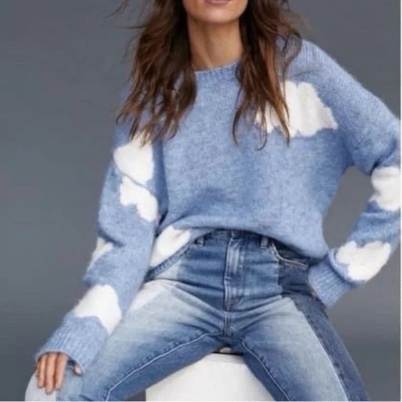 Anthropologie Little Lies Cassie Cloud Sweater Blue Gray Marled Crewneck RARE - Picture 2 of 16